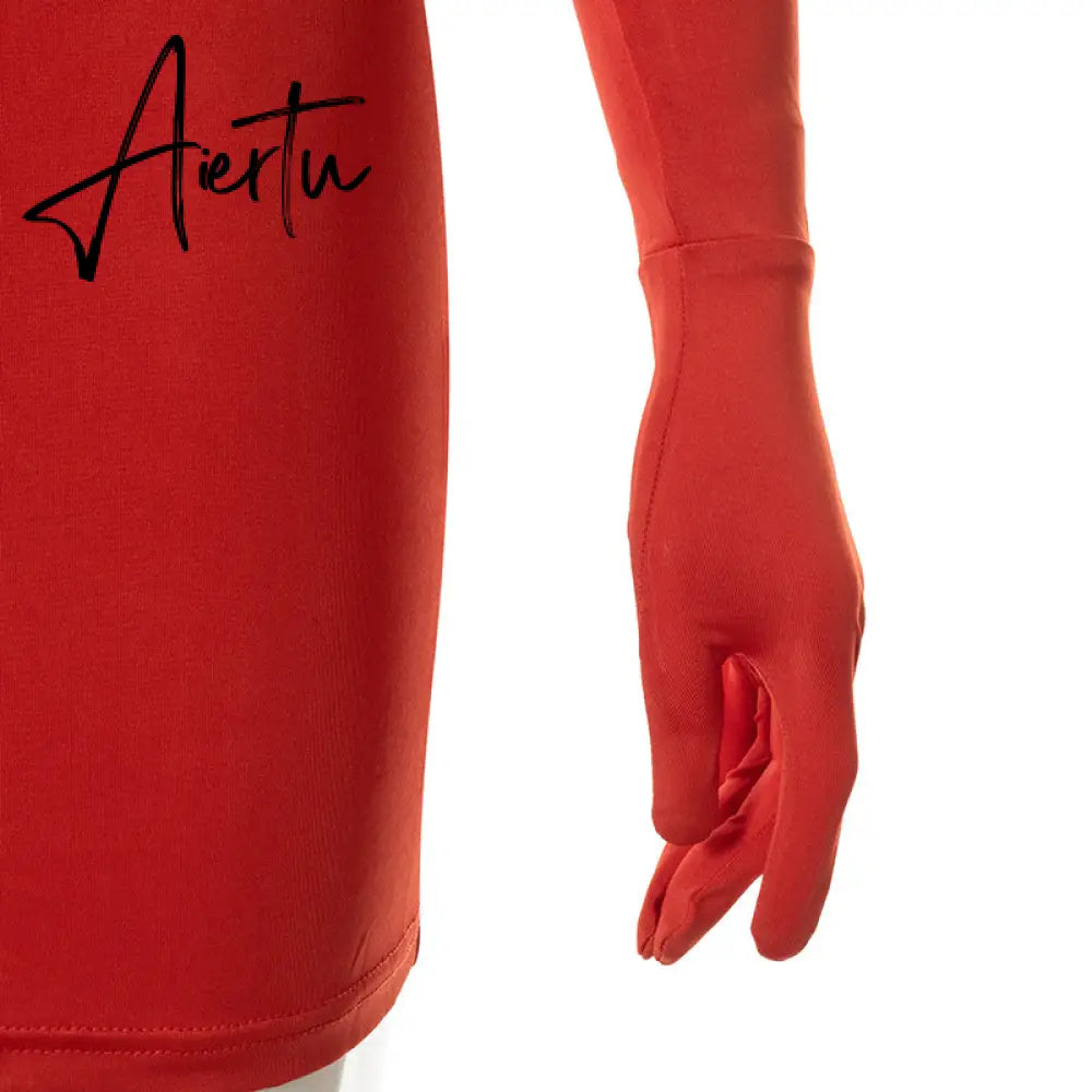 Aiertu Women Fall Fashion Bodycon Folds Pure Color Long Sleeves With Gloves Mini Dress Female Clothing Streetwear Y2K Aiertu