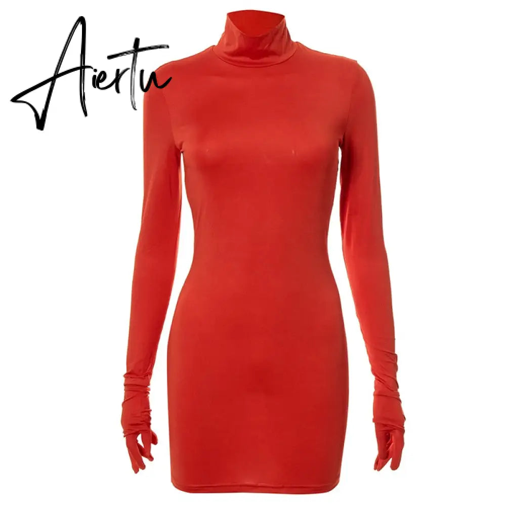 Aiertu Women Fall Fashion Bodycon Folds Pure Color Long Sleeves With Gloves Mini Dress Female Clothing Streetwear Y2K Aiertu
