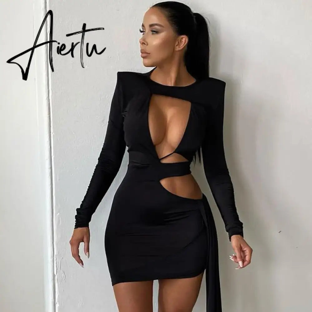 Aiertu  Women Fall Fashion Bodycon Folds Solid Long Sleeve Hollow Out String Mini Dress Female Clothing Streetwear Y2K Aiertu