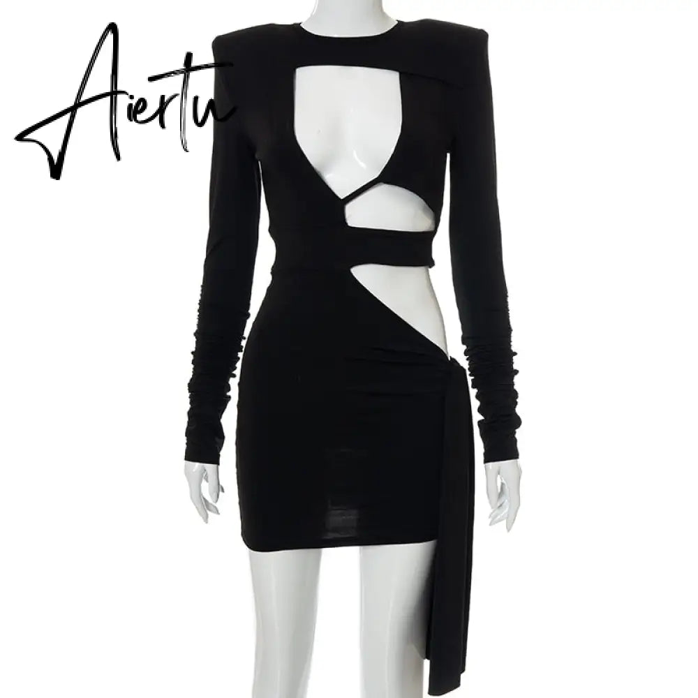 Aiertu  Women Fall Fashion Bodycon Folds Solid Long Sleeve Hollow Out String Mini Dress Female Clothing Streetwear Y2K Aiertu