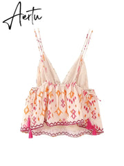 Aiertu Women Fashion Camis Shirring Floral Print V Neck Sleeveless Loose Cropped Tops Female Vintage Hotsweet Mujer Suspenders Aiertu