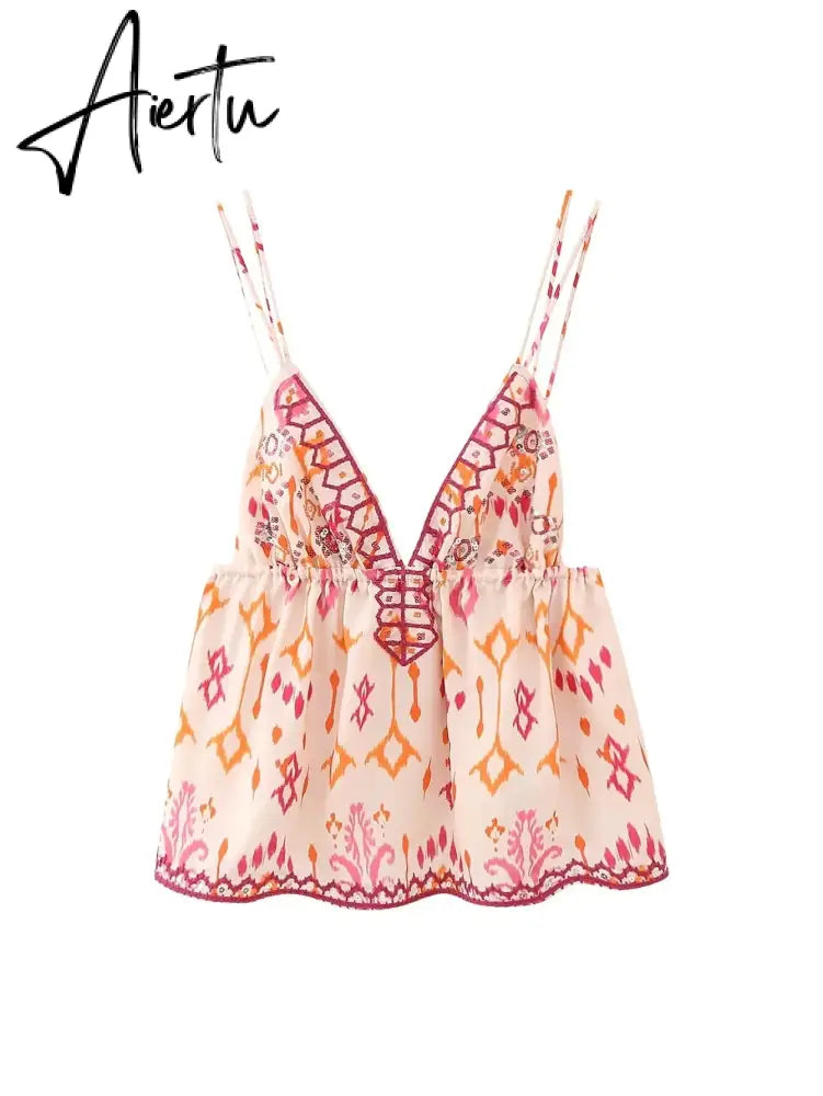 Aiertu Women Fashion Camis Shirring Floral Print V Neck Sleeveless Loose Cropped Tops Female Vintage Hotsweet Mujer Suspenders Aiertu