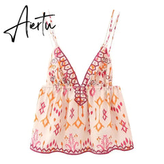 Aiertu Women Fashion Camis Shirring Floral Print V Neck Sleeveless Loose Cropped Tops Female Vintage Hotsweet Mujer Suspenders Aiertu