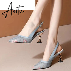 Aiertu  Women Fashion Color Block Embroidered Pumps Ladies Designer Brand Sandals  Pointed Toe High Heels Shoes Aiertu