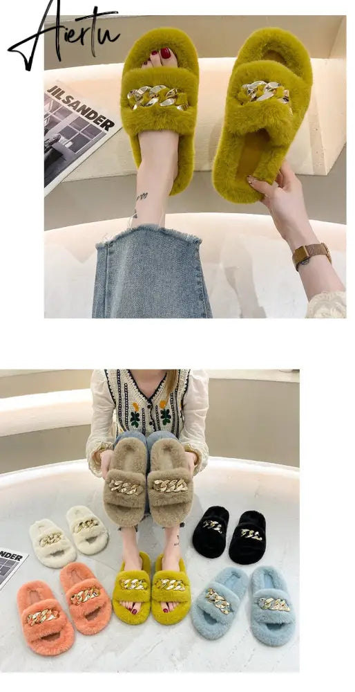 Aiertu  Women Fashion Metal Chain Warm Fluffy Slippers Cozy Faux Fur  Indoor Floor Outdoor Slides Flat Soft Furry Ladies Celebrities Fli Aiertu