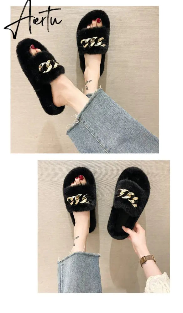 Aiertu  Women Fashion Metal Chain Warm Fluffy Slippers Cozy Faux Fur  Indoor Floor Outdoor Slides Flat Soft Furry Ladies Celebrities Fli Aiertu