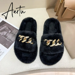 Aiertu  Women Fashion Metal Chain Warm Fluffy Slippers Cozy Faux Fur  Indoor Floor Outdoor Slides Flat Soft Furry Ladies Celebrities Fli Aiertu