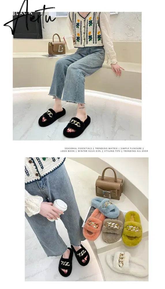 Aiertu  Women Fashion Metal Chain Warm Fluffy Slippers Cozy Faux Fur  Indoor Floor Outdoor Slides Flat Soft Furry Ladies Celebrities Fli Aiertu
