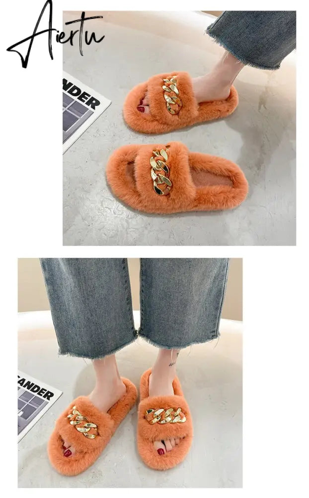Aiertu  Women Fashion Metal Chain Warm Fluffy Slippers Cozy Faux Fur  Indoor Floor Outdoor Slides Flat Soft Furry Ladies Celebrities Fli Aiertu