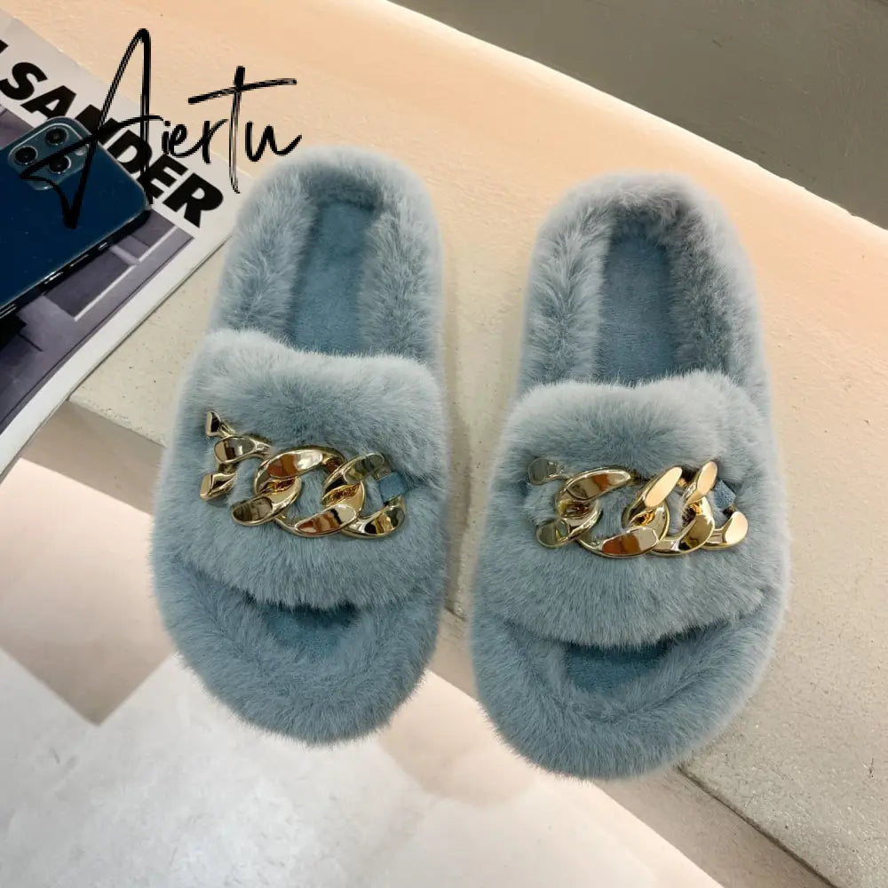 Aiertu  Women Fashion Metal Chain Warm Fluffy Slippers Cozy Faux Fur  Indoor Floor Outdoor Slides Flat Soft Furry Ladies Celebrities Fli Aiertu