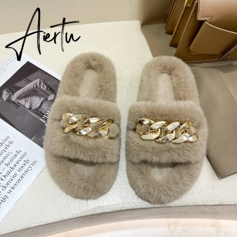 Aiertu  Women Fashion Metal Chain Warm Fluffy Slippers Cozy Faux Fur  Indoor Floor Outdoor Slides Flat Soft Furry Ladies Celebrities Fli Aiertu