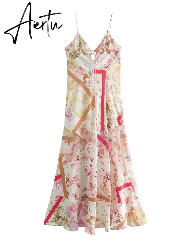 Aiertu Women Fashion Printed Vacation Maxi Dress 2024 Summer Sexy Slim Long Dress Backless Lace-up Sling Boho Dresses Aiertu
