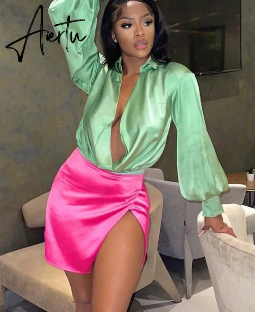 Aiertu Women Fashion Revealing Bodycon Slim Solid Swing Collar Long Sleeves Mini Dress Fall Clothing Sexy Streetwear Aiertu