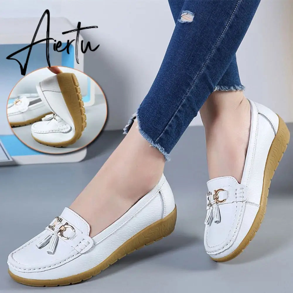 Aiertu Women Flats Ballet Shoes Cut Out Leather Breathable Moccasins Women Boat Shoes Ballerina Ladies Casual Shoes Aiertu