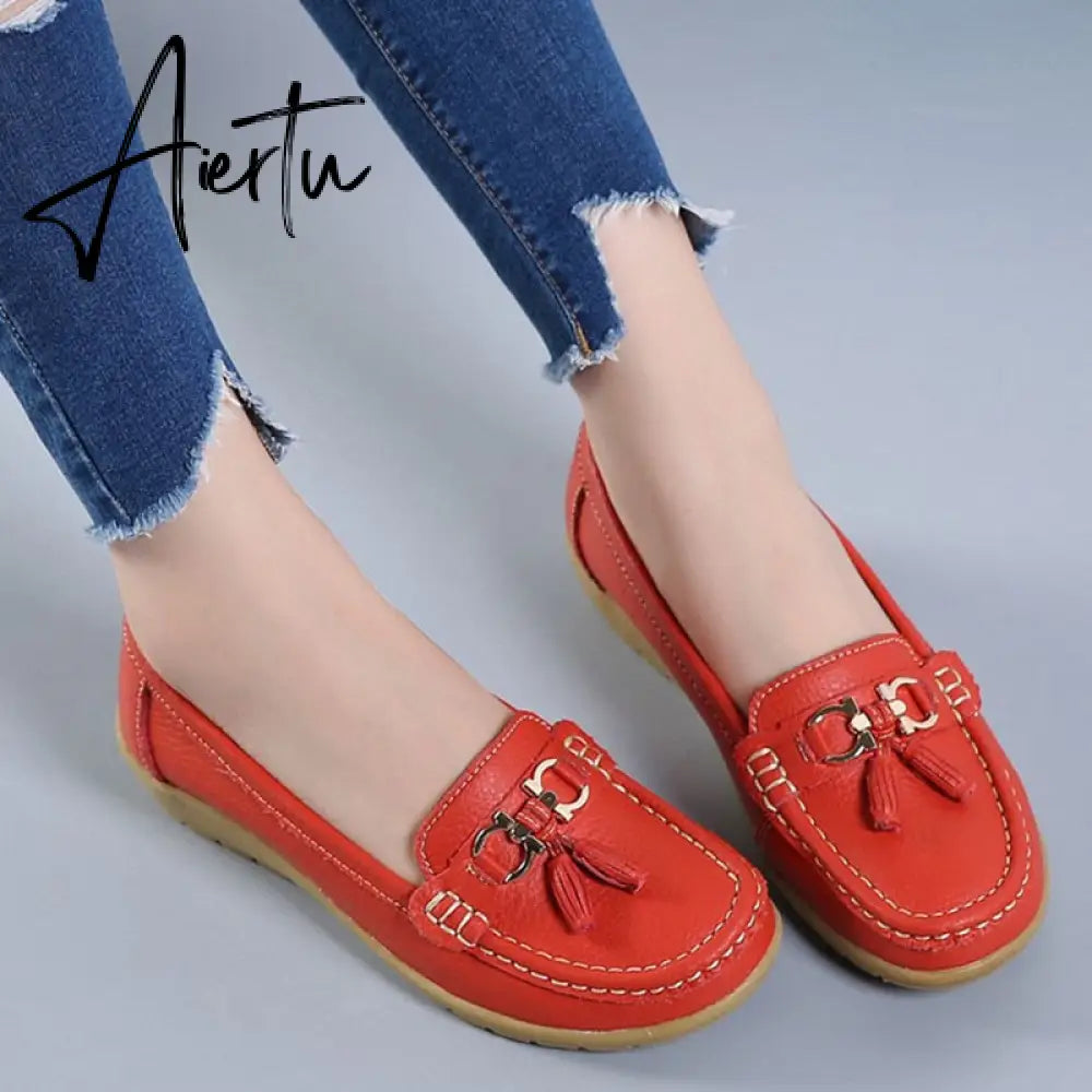 Aiertu Women Flats Ballet Shoes Cut Out Leather Breathable Moccasins Women Boat Shoes Ballerina Ladies Casual Shoes Aiertu