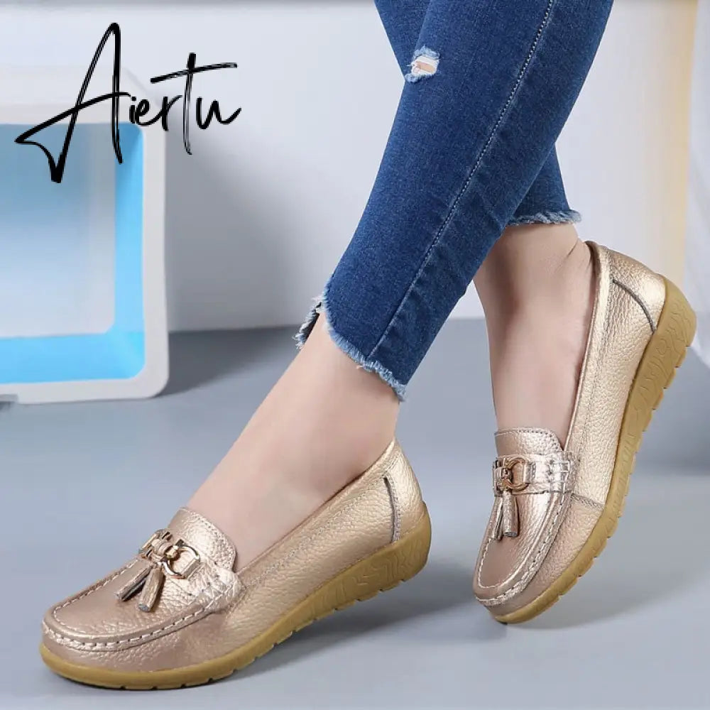 Aiertu Women Flats Ballet Shoes Cut Out Leather Breathable Moccasins Women Boat Shoes Ballerina Ladies Casual Shoes Aiertu