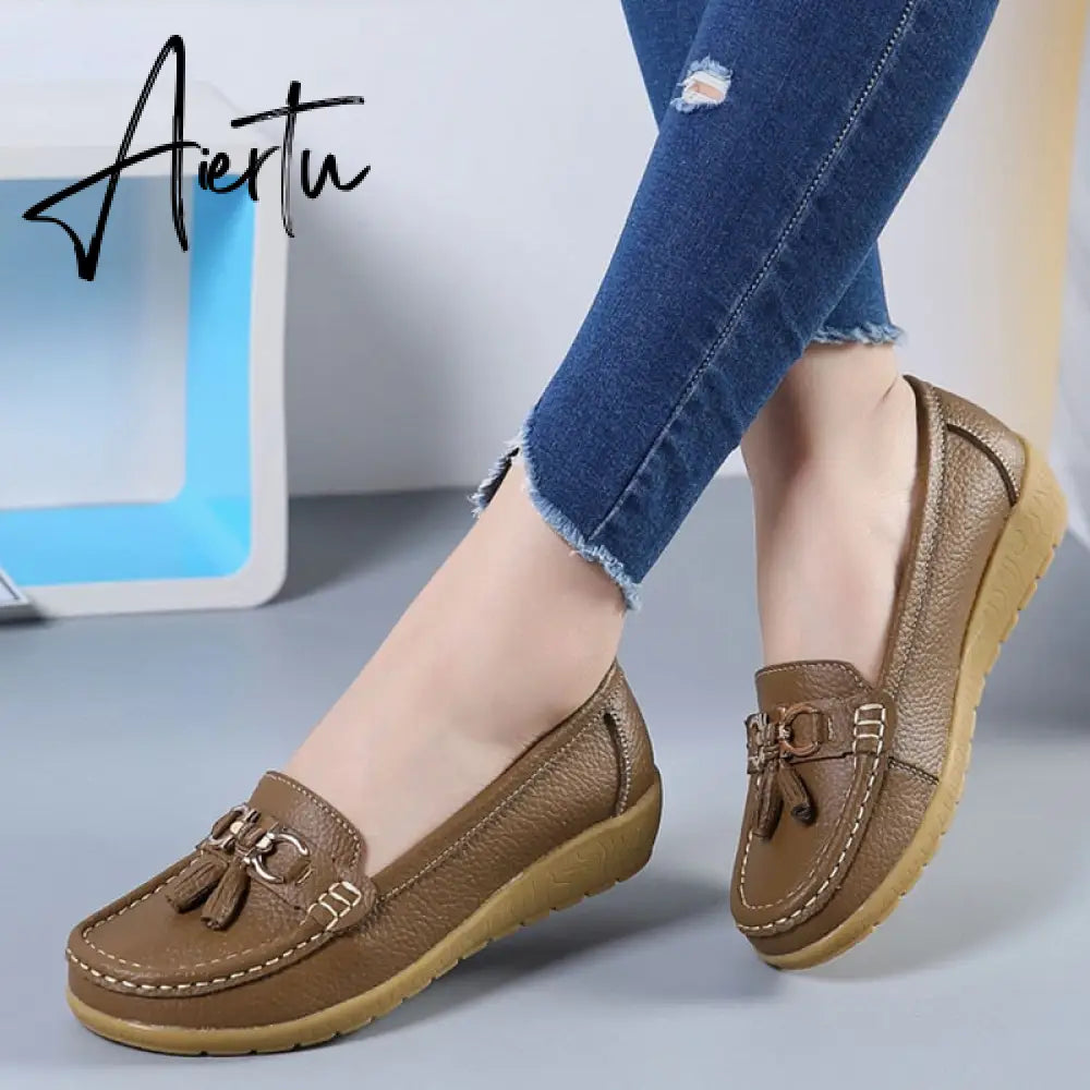 Aiertu Women Flats Ballet Shoes Cut Out Leather Breathable Moccasins Women Boat Shoes Ballerina Ladies Casual Shoes Aiertu