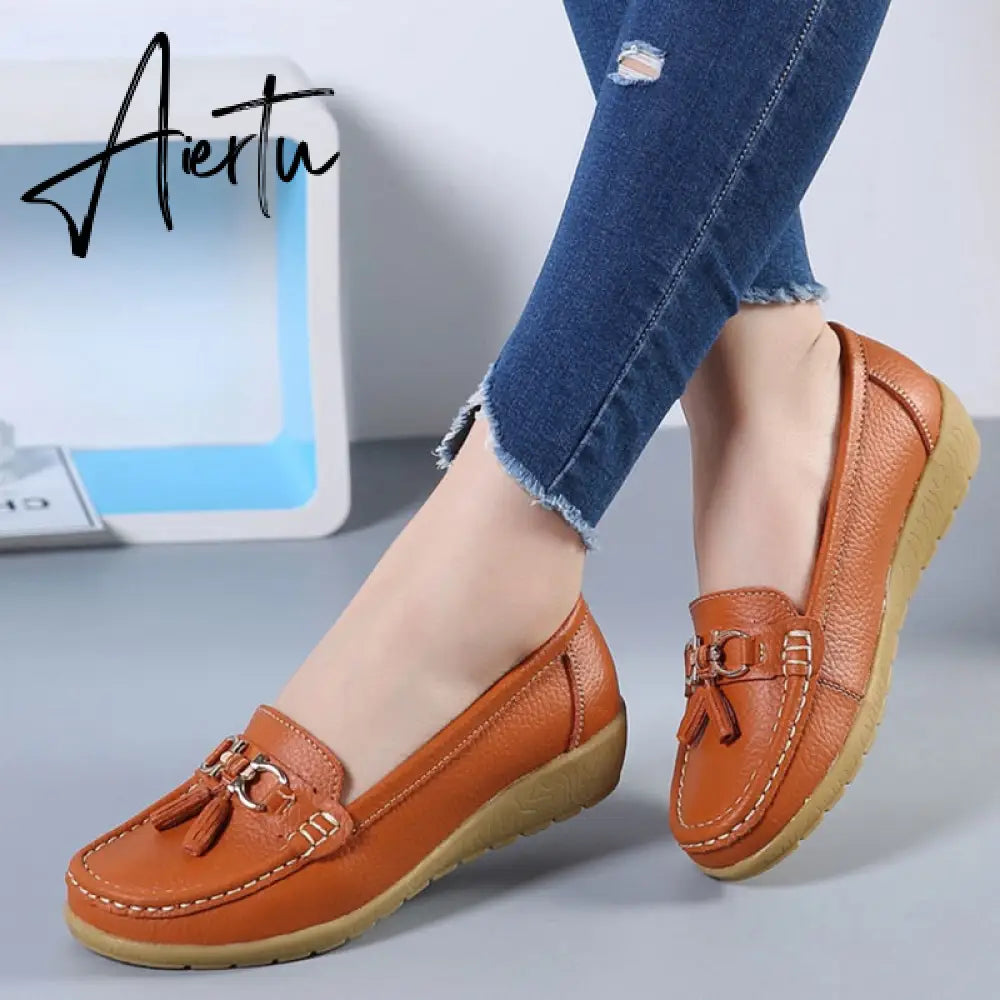 Aiertu Women Flats Ballet Shoes Cut Out Leather Breathable Moccasins Women Boat Shoes Ballerina Ladies Casual Shoes Aiertu