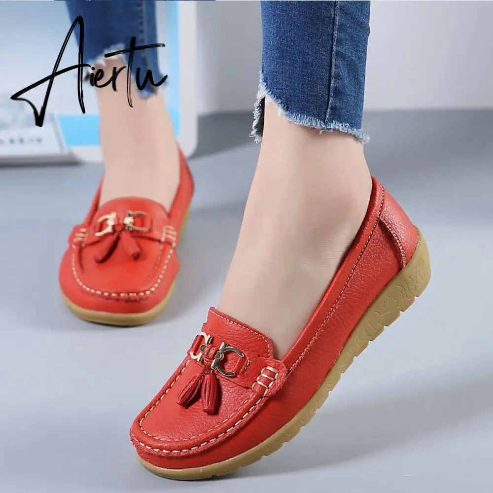 Aiertu Women Flats Ballet Shoes Cut Out Leather Breathable Moccasins Women Boat Shoes Ballerina Ladies Casual Shoes Aiertu