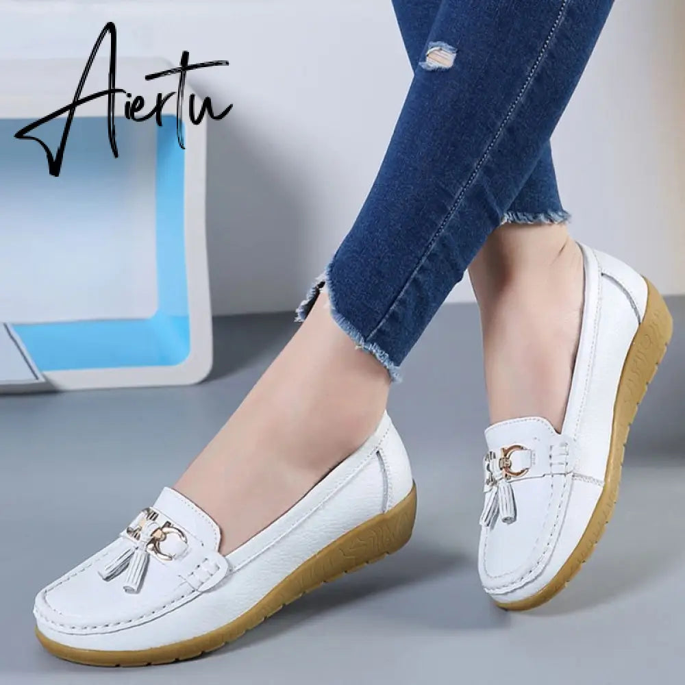 Aiertu Women Flats Ballet Shoes Cut Out Leather Breathable Moccasins Women Boat Shoes Ballerina Ladies Casual Shoes Aiertu