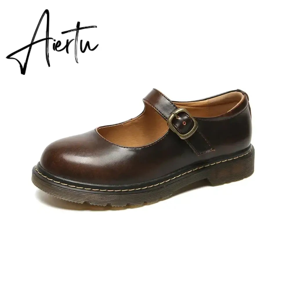Aiertu Women Flats British Style Oxford Shoes Women Autumn Soft Leather Casual Maid Shoes Retro Buckle Flats Dress Shoes for Women Aiertu