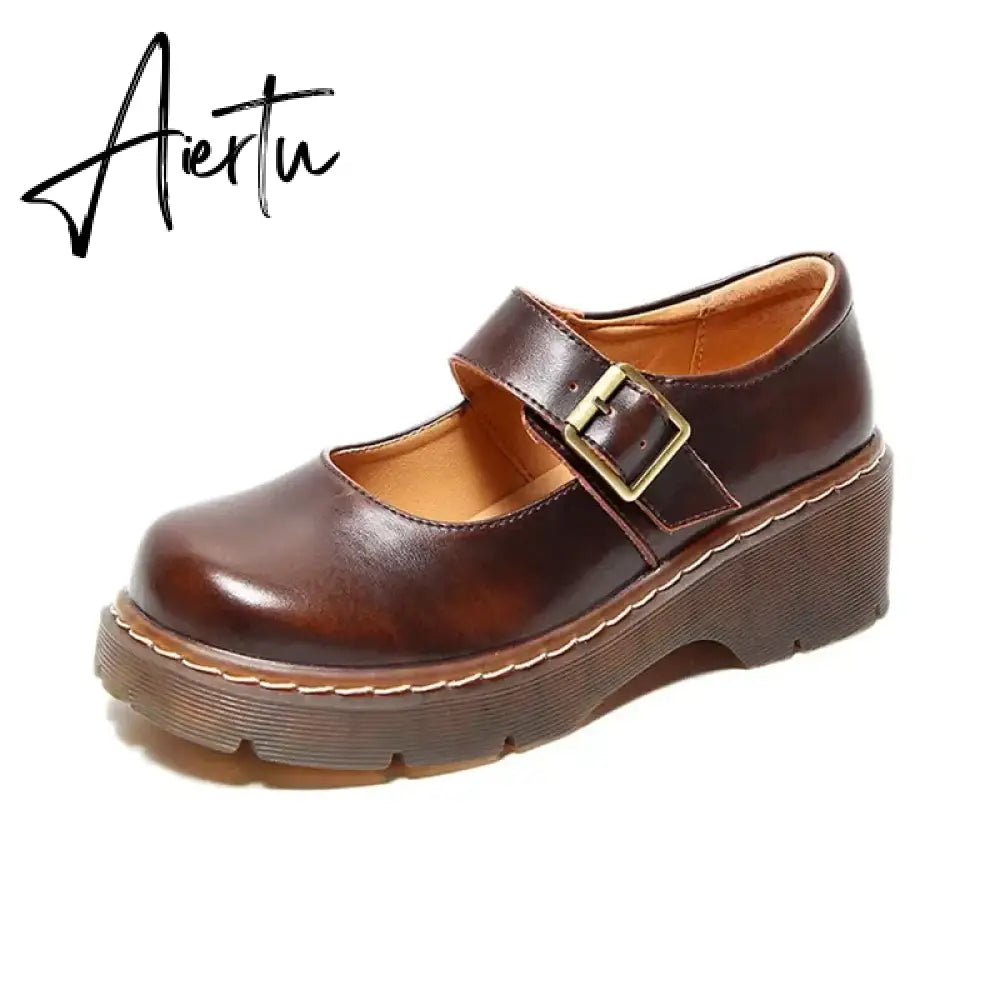 Aiertu Women Flats British Style Oxford Shoes Women Autumn Soft Leather Casual Maid Shoes Retro Buckle Flats Dress Shoes for Women Aiertu