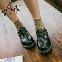 Aiertu Women Flats British Style Oxford Shoes Women Autumn Soft Leather Casual Maid Shoes Retro Buckle Flats Dress Shoes for Women Aiertu