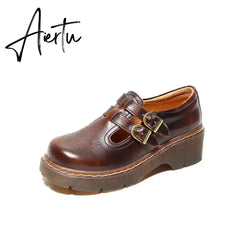 Aiertu Women Flats British Style Oxford Shoes Women Autumn Soft Leather Casual Maid Shoes Retro Buckle Flats Dress Shoes for Women Aiertu