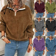 Aiertu Women Fleece Sweatshirt Pullovers Elegant Turn-Collar Zipped Hoodies Tops Casual Solid Long Sleeves Oversized Winter Aiertu