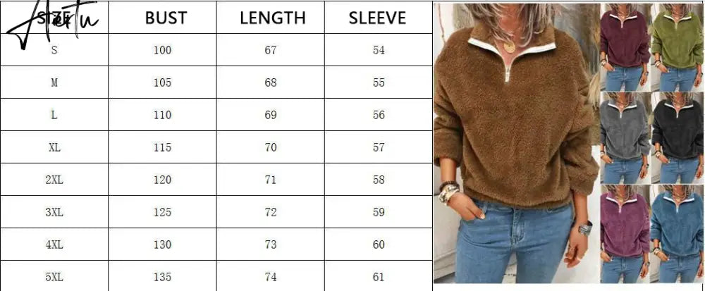 Aiertu Women Fleece Sweatshirt Pullovers Elegant Turn-Collar Zipped Hoodies Tops Casual Solid Long Sleeves Oversized Winter Aiertu