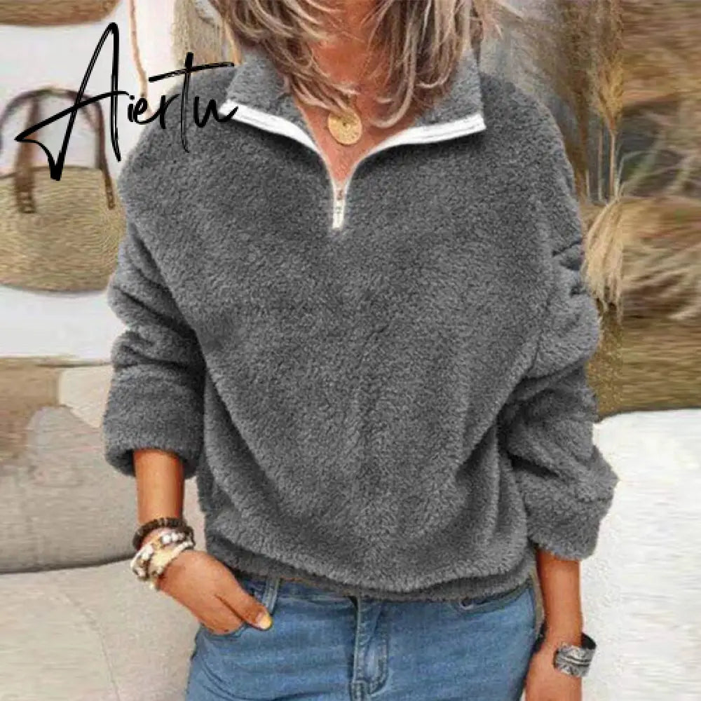 Aiertu Women Fleece Sweatshirt Pullovers Elegant Turn-Collar Zipped Hoodies Tops Casual Solid Long Sleeves Oversized Winter Aiertu