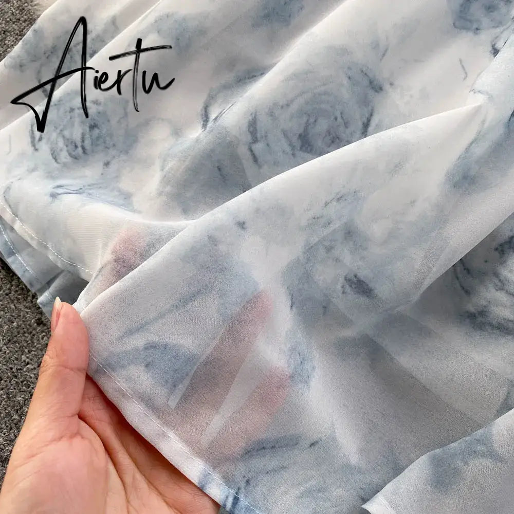 Aiertu  Women Floral Spaghetti Strap Dress Elastic Ruched Sexy Hollow Backless Party Dress Summer Boho Vacation Beach Sundress Aiertu