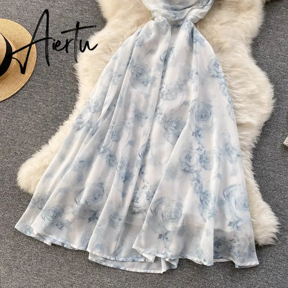 Aiertu  Women Floral Spaghetti Strap Dress Elastic Ruched Sexy Hollow Backless Party Dress Summer Boho Vacation Beach Sundress Aiertu
