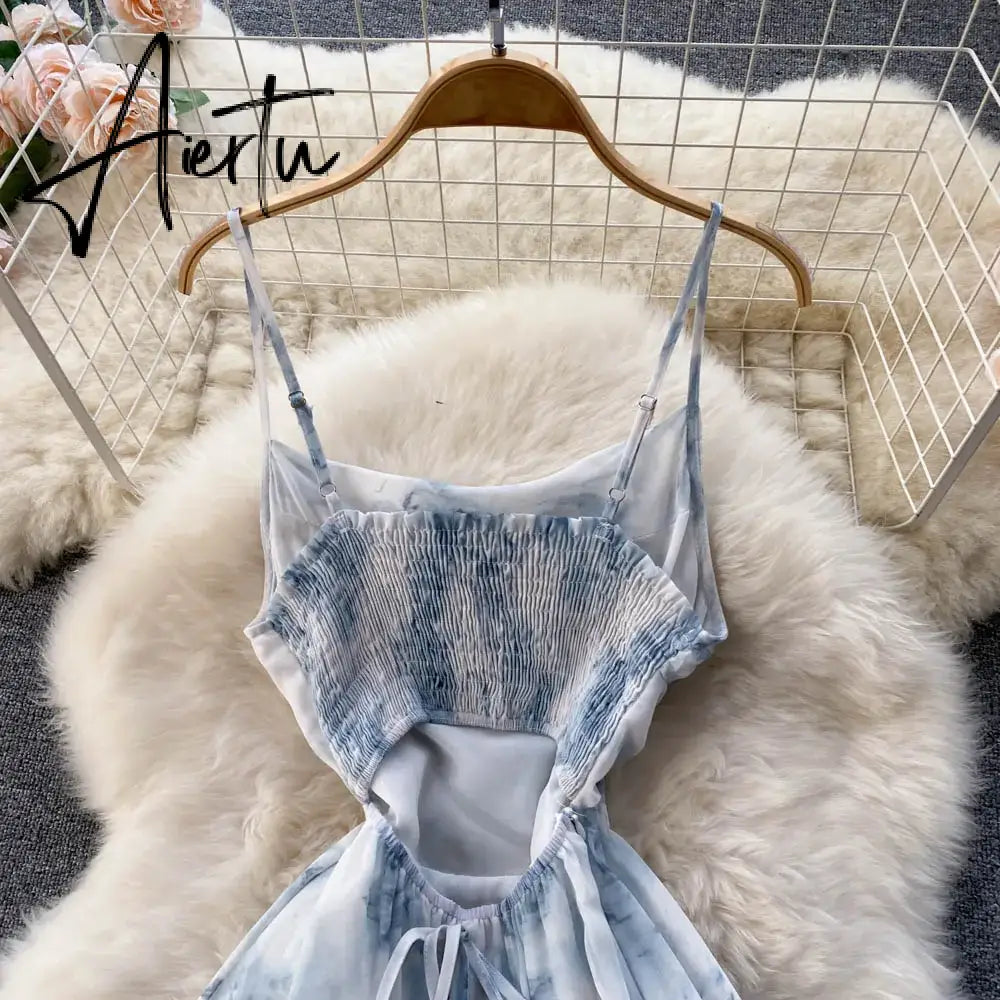 Aiertu  Women Floral Spaghetti Strap Dress Elastic Ruched Sexy Hollow Backless Party Dress Summer Boho Vacation Beach Sundress Aiertu