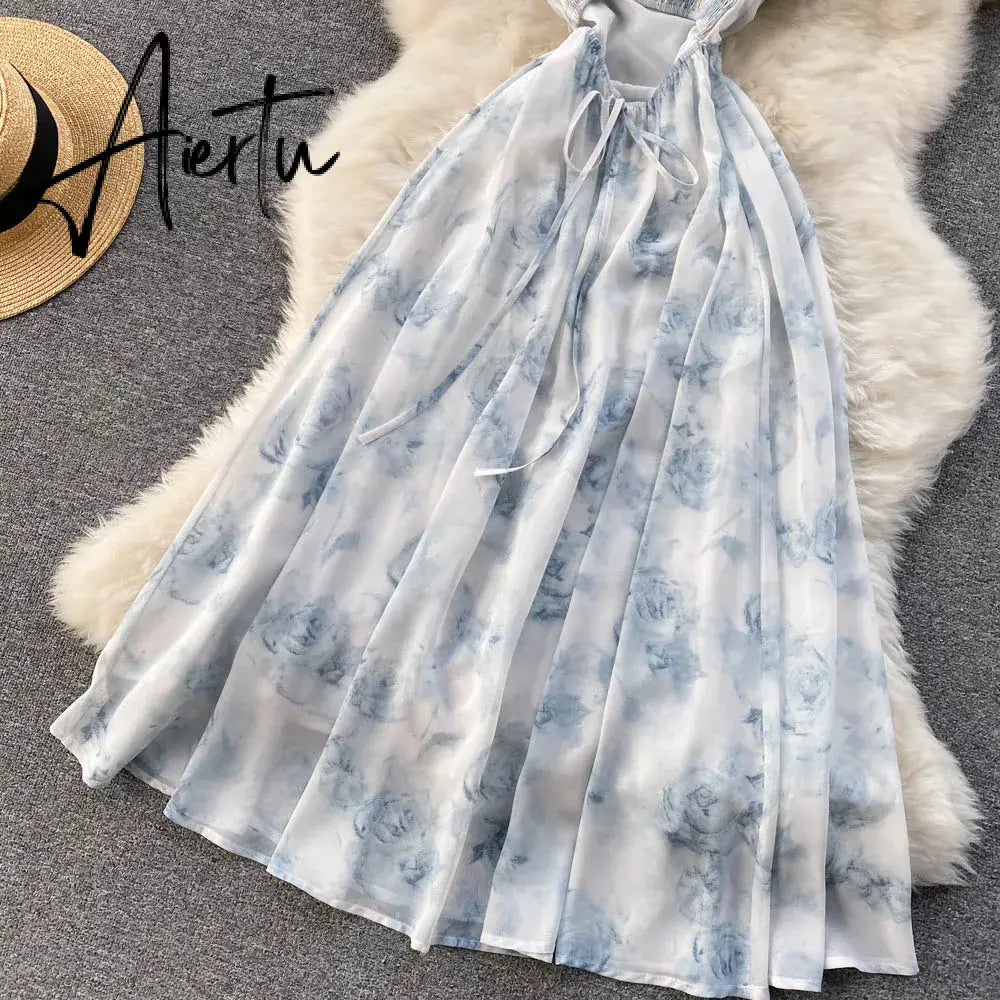 Aiertu  Women Floral Spaghetti Strap Dress Elastic Ruched Sexy Hollow Backless Party Dress Summer Boho Vacation Beach Sundress Aiertu