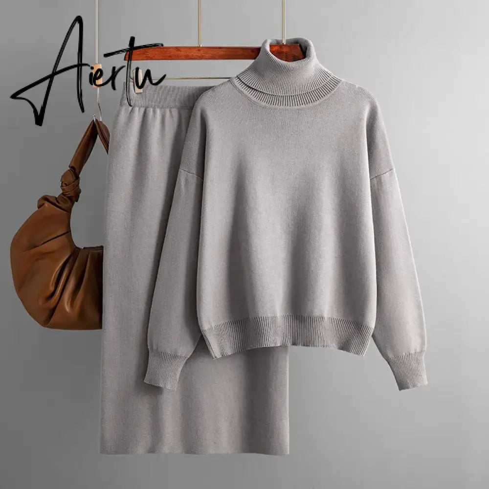 Aiertu  Women Gentle Knitted Suits Turtleneck Long Sleeve Loose Pullover+Elastic Waist Bodycon Skirt Winter Fashion Solid Sets Aiertu