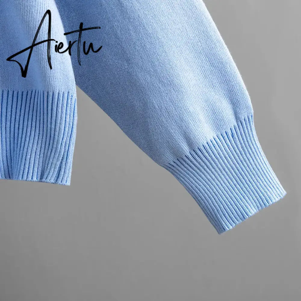 Aiertu  Women Gentle Knitted Suits Turtleneck Long Sleeve Loose Pullover+Elastic Waist Bodycon Skirt Winter Fashion Solid Sets Aiertu