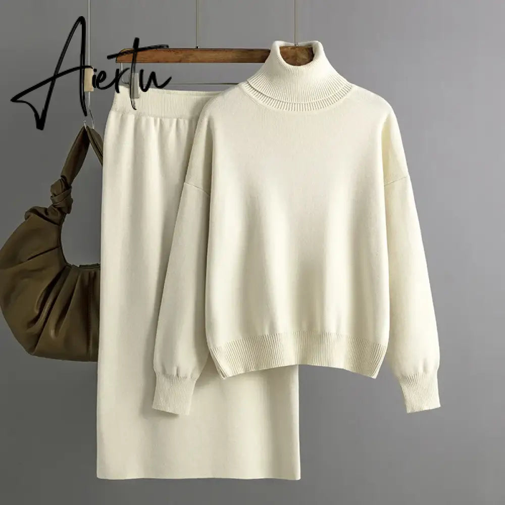 Aiertu  Women Gentle Knitted Suits Turtleneck Long Sleeve Loose Pullover+Elastic Waist Bodycon Skirt Winter Fashion Solid Sets Aiertu