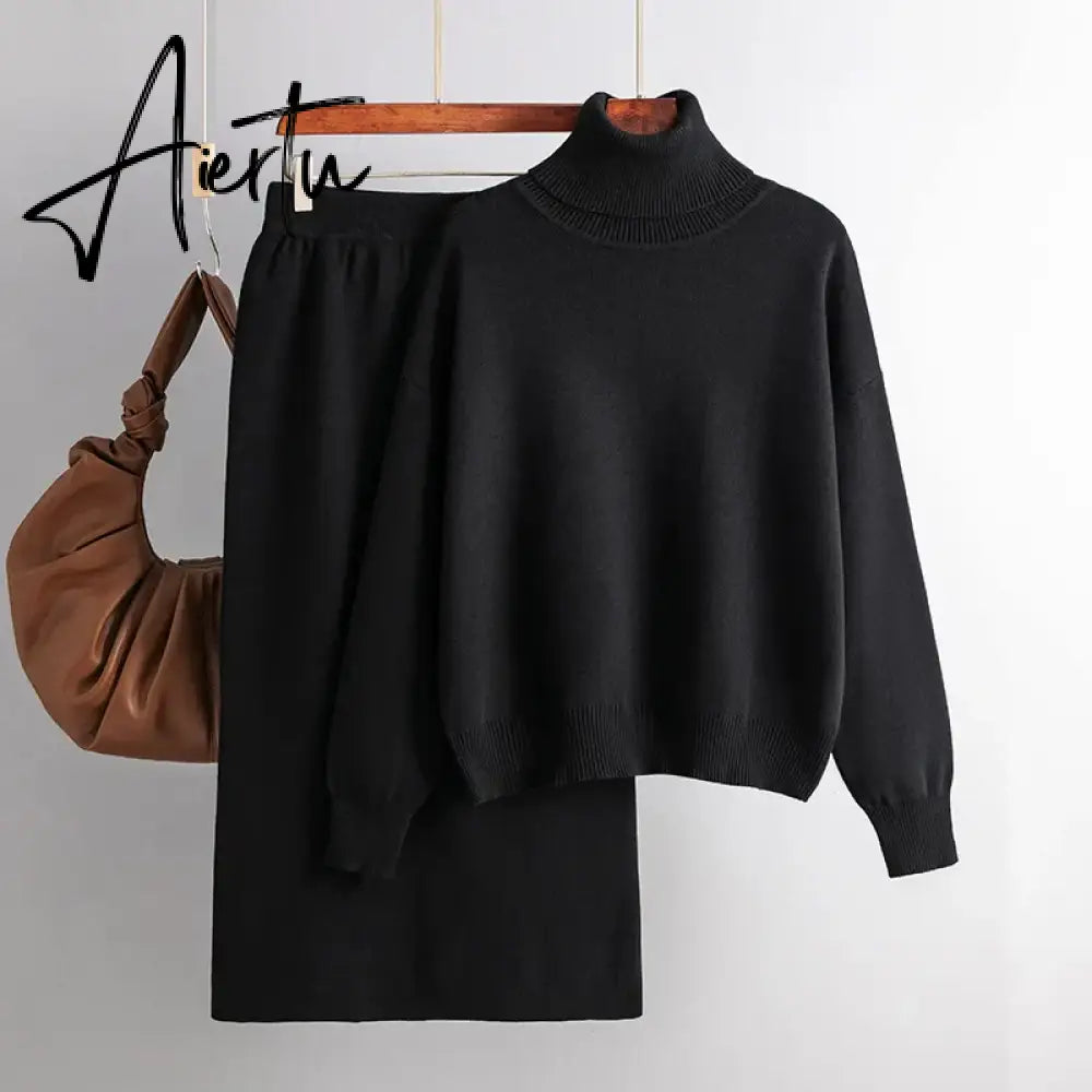 Aiertu  Women Gentle Knitted Suits Turtleneck Long Sleeve Loose Pullover+Elastic Waist Bodycon Skirt Winter Fashion Solid Sets Aiertu