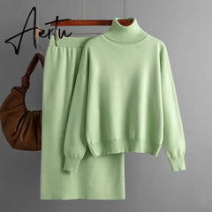 Aiertu  Women Gentle Knitted Suits Turtleneck Long Sleeve Loose Pullover+Elastic Waist Bodycon Skirt Winter Fashion Solid Sets Aiertu