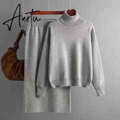 Aiertu  Women Gentle Knitted Suits Turtleneck Long Sleeve Loose Pullover+Elastic Waist Bodycon Skirt Winter Fashion Solid Sets Aiertu