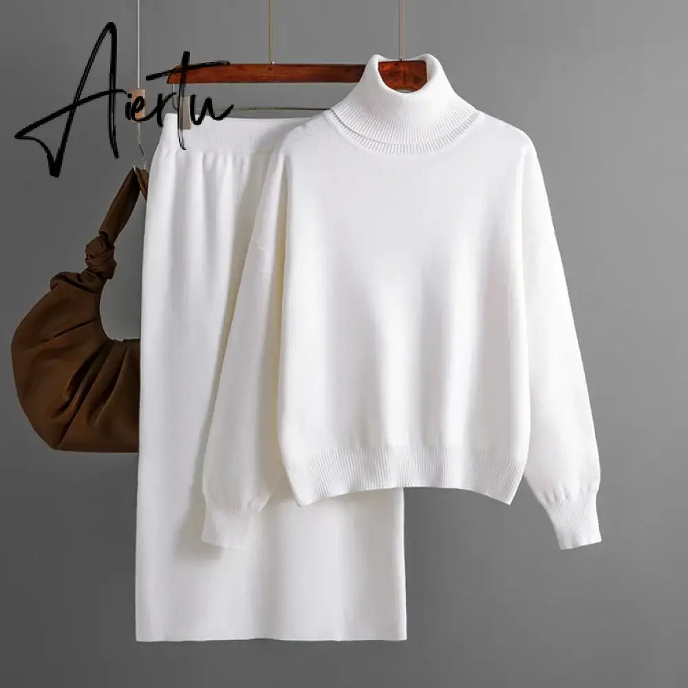 Aiertu  Women Gentle Knitted Suits Turtleneck Long Sleeve Loose Pullover+Elastic Waist Bodycon Skirt Winter Fashion Solid Sets Aiertu