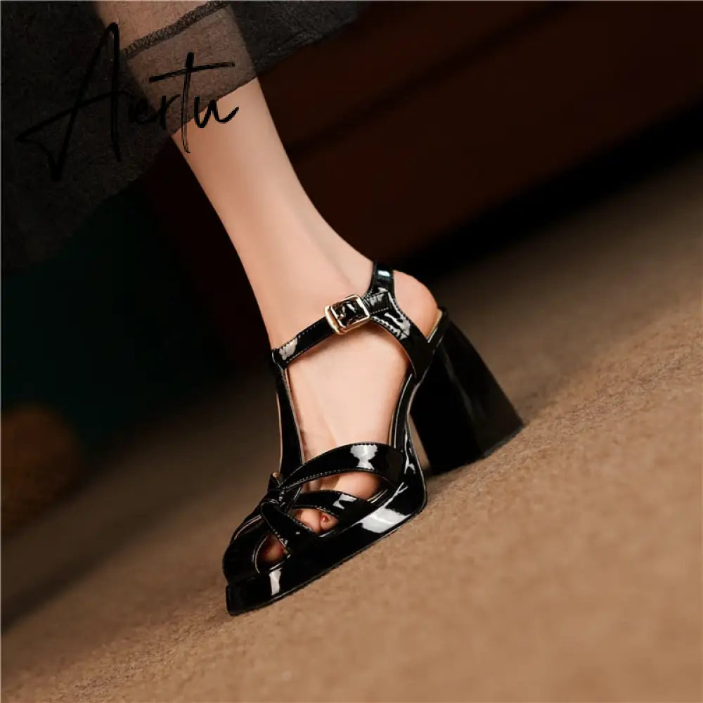 Aiertu Women Genuine Leather Gladiator Sandals Square High Heel Sandals Buckle Narrow Band T-tied Sandals Summer Lady Shoes 40 Aiertu