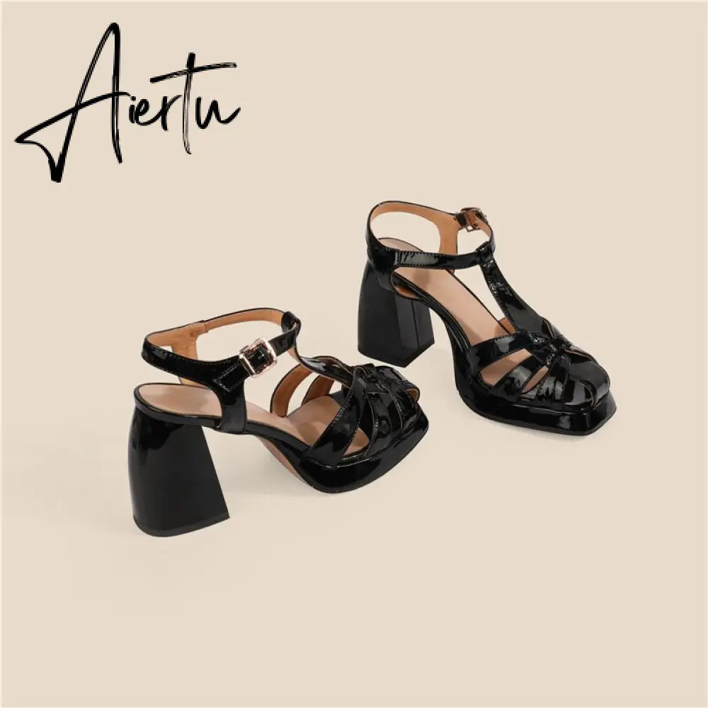 Aiertu Women Genuine Leather Gladiator Sandals Square High Heel Sandals Buckle Narrow Band T-tied Sandals Summer Lady Shoes 40 Aiertu