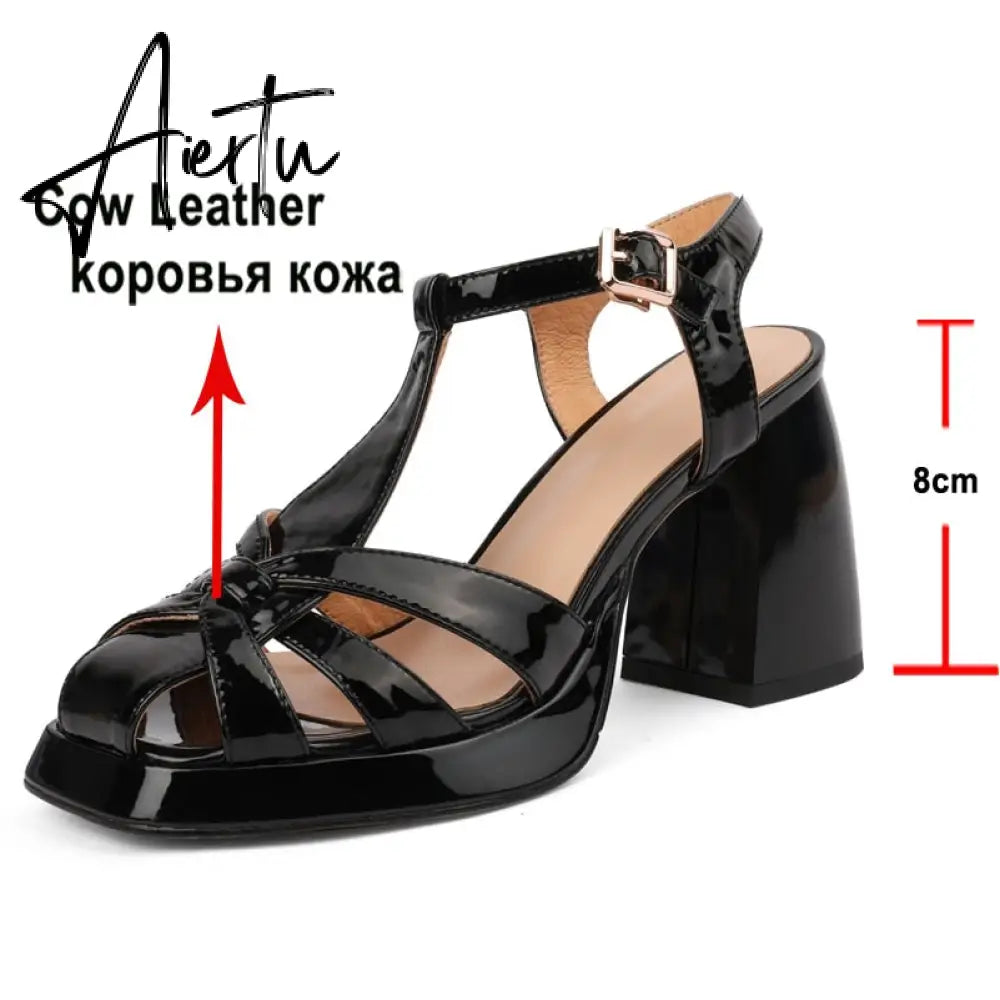 Aiertu Women Genuine Leather Gladiator Sandals Square High Heel Sandals Buckle Narrow Band T-tied Sandals Summer Lady Shoes 40 Aiertu