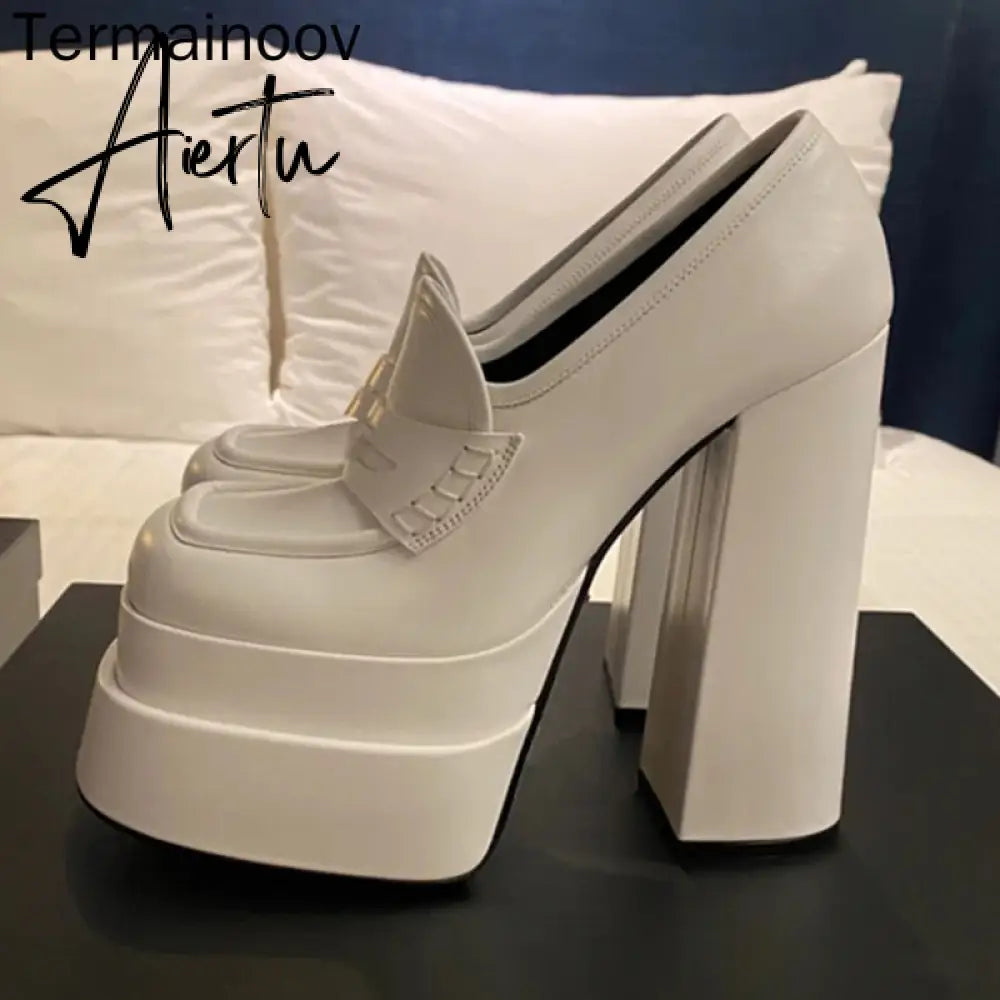 Aiertu Women High Heel Platform Hoof Heels Loafers Women Pumps New Square Toe Fashion Shoes Plus Size Shoes Sexy Dress Shoes Aiertu