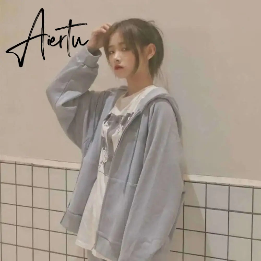 Aiertu Women Jacket Blouses Sweatshirts Casual Couple Tops Thicken Gray Hoodie Long Sleeve Loose Simple Coat Veste Femme Bomber Jacket Aiertu