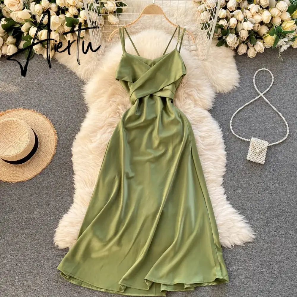 Aiertu Women Korean Strap Dress Sexy V Neck Sleeveless Elegant Solid Party Dress Summer Off Shoulder A-line Beach Midi Dress Aiertu