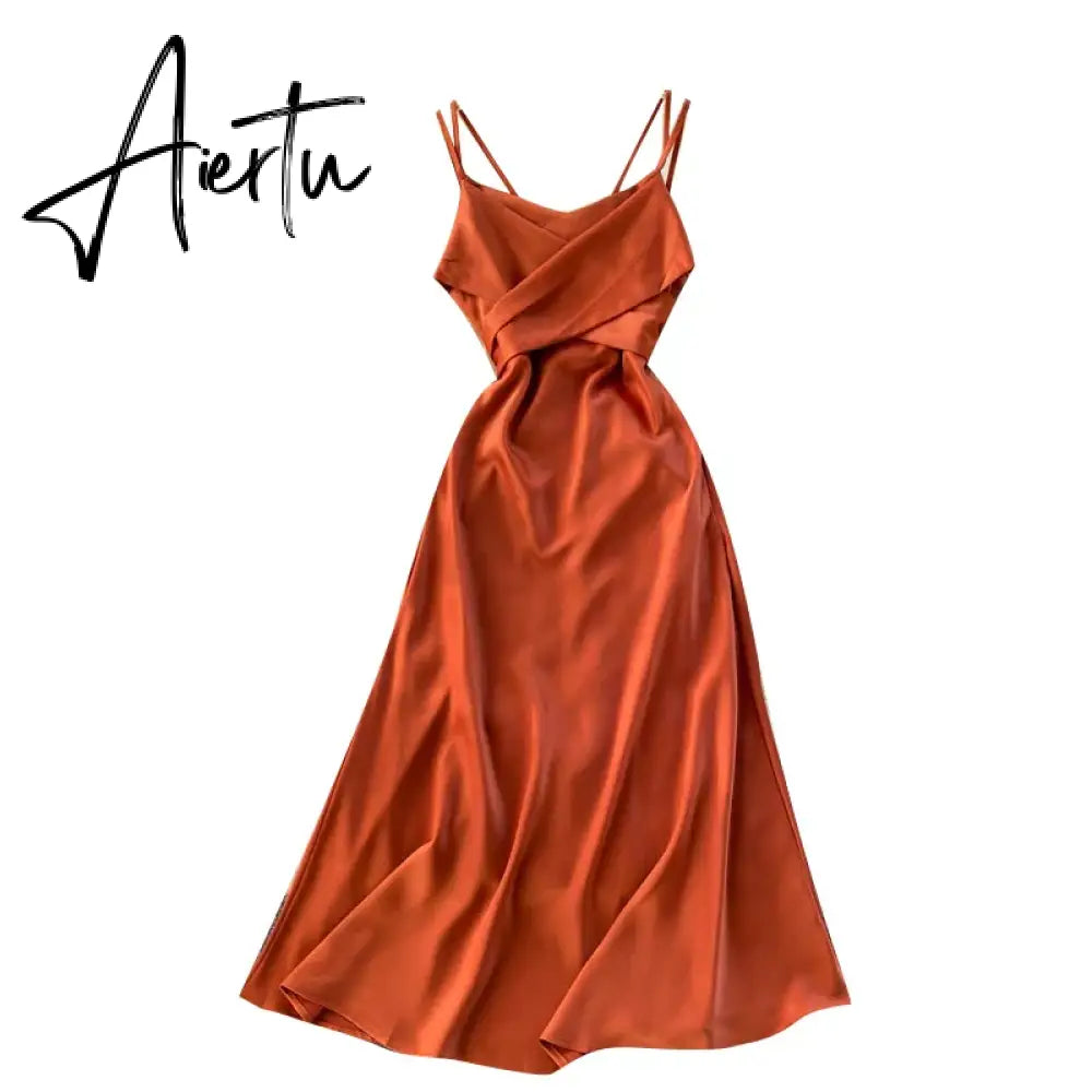 Aiertu Women Korean Strap Dress Sexy V Neck Sleeveless Elegant Solid Party Dress Summer Off Shoulder A-line Beach Midi Dress Aiertu