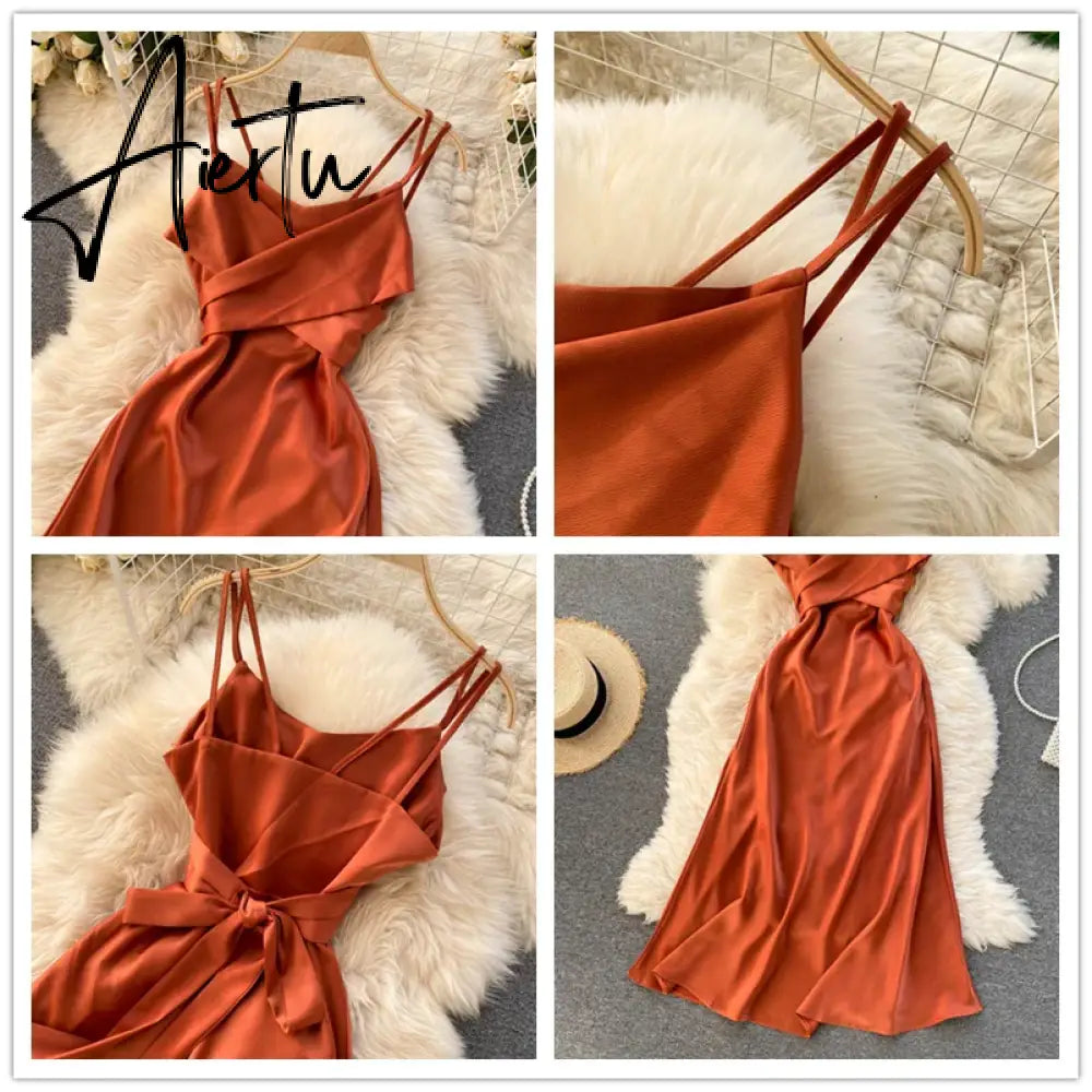 Aiertu Women Korean Strap Dress Sexy V Neck Sleeveless Elegant Solid Party Dress Summer Off Shoulder A-line Beach Midi Dress Aiertu
